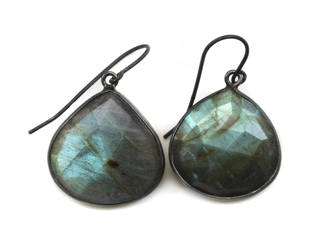 Labradorite Earrings Faceted Fat Large Teardrop Bezel Sterling Silver or 14k Solid Gold or Filled or Black Rhodium Blue Flash Simple  Drops