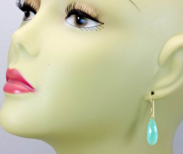 Aqua Blue Chalcedony Earrings 14k Solid Gold or Filled or Sterling Silver Long Teardrops Faceted Briolette Soft Light Blue Drops