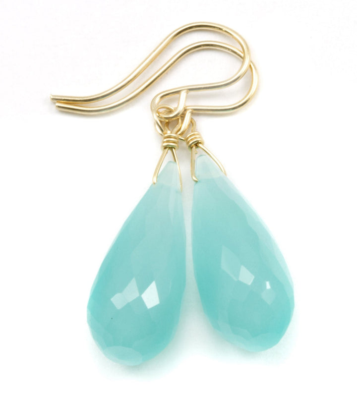 Aqua Blue Chalcedony Earrings 14k Solid Gold or Filled or Sterling Silver Long Teardrop Micro Facet Natural Briolettes Rounded Simple Drops
