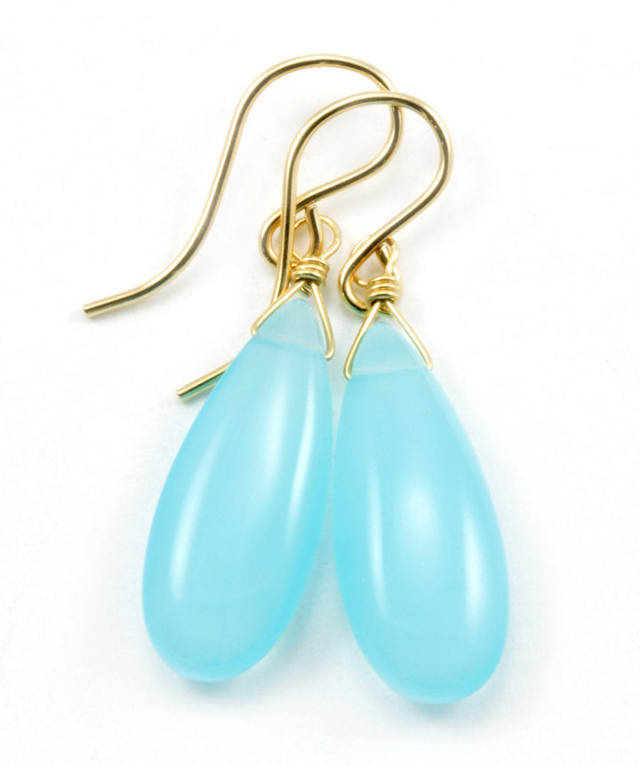 Light Blue Chalcedony Earrings Long Teardrop Shaped Smooth cut 14k Solid Gold or Filled Sterling Silver Puffed Pale Soft Blue Natural Drops