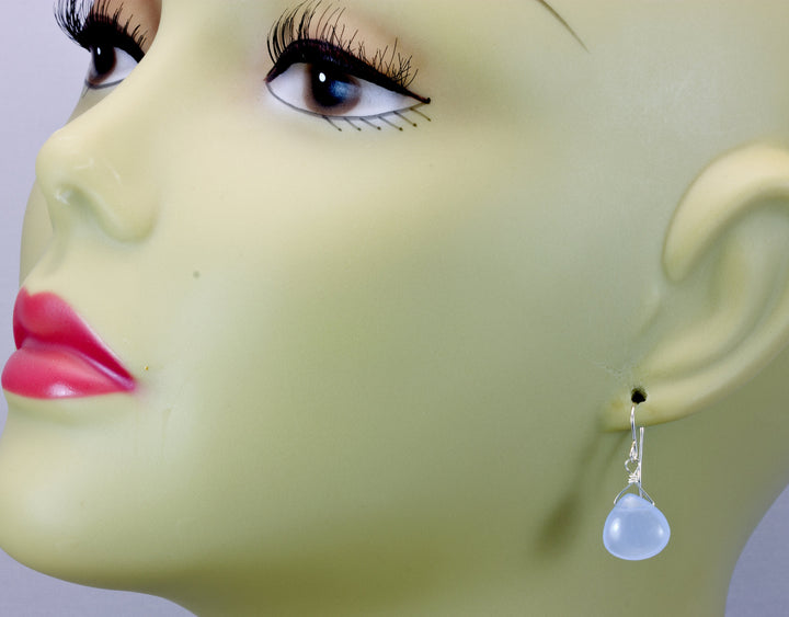 Steel Blue Gray Chalcedony Earrings Teardrop Heart Smooth Sterling Silver or 14k Solid Gold or Filled Simple Classic Daily Wear Drops