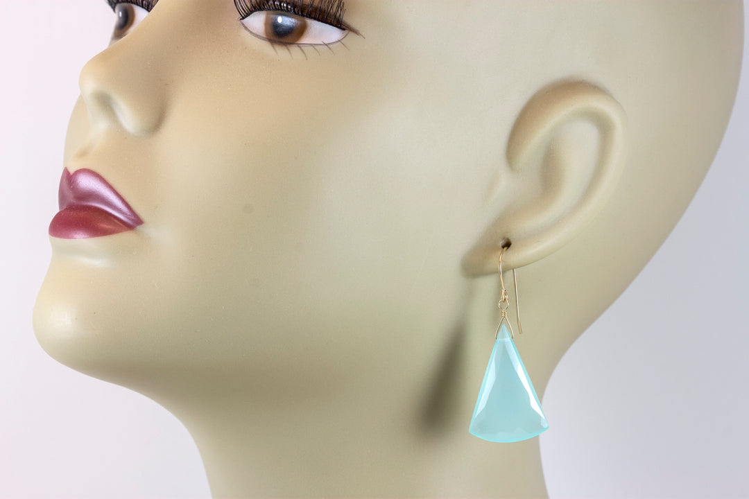 Aqua Blue Chalcedony Earrings 14k Solid Gold or Filled or Sterling Silver Teardrop Triangle Faceted Soft Pale Blue Long Large Drops 2 Inch