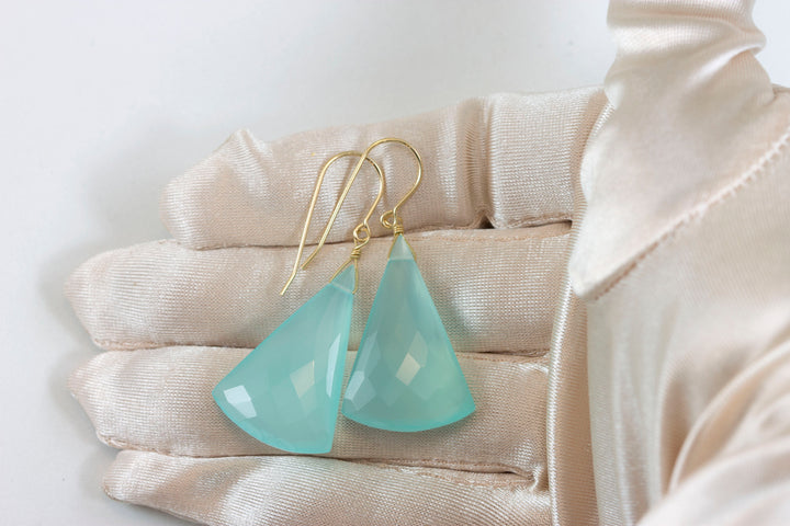 Aqua Blue Chalcedony Earrings 14k Solid Gold or Filled or Sterling Silver Teardrop Triangle Faceted Soft Pale Blue Long Large Drops 2 Inch
