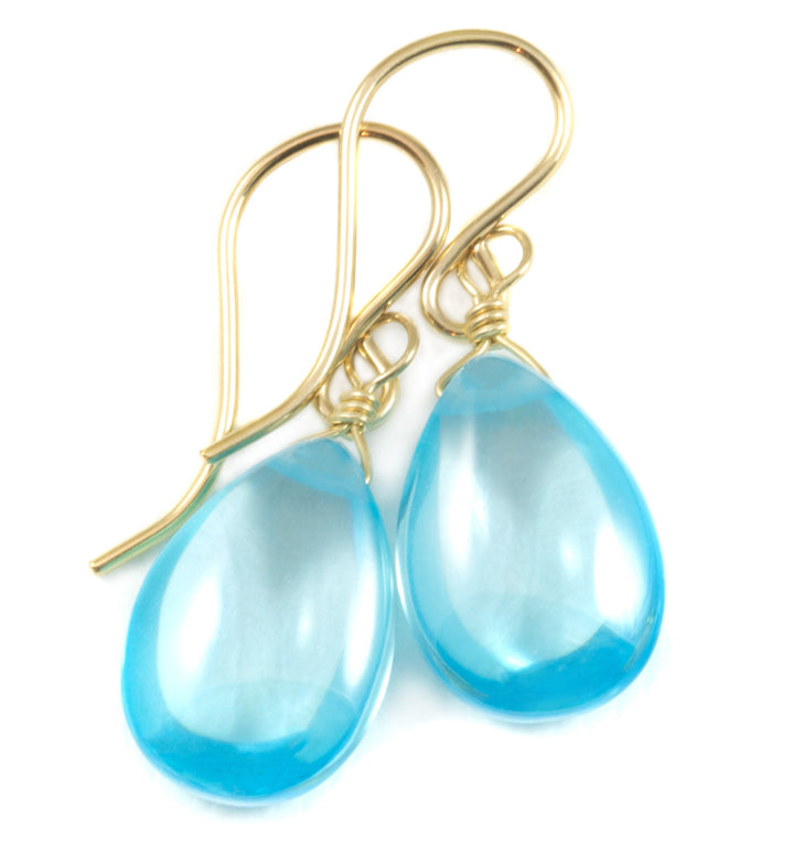 Aquamarine Cubic Zirconia Earrings Smooth Aqua Blue AAA CZ 14k Solid Gold or Filled or Sterling Silver Dainty Pear Teardrops Soft Blue