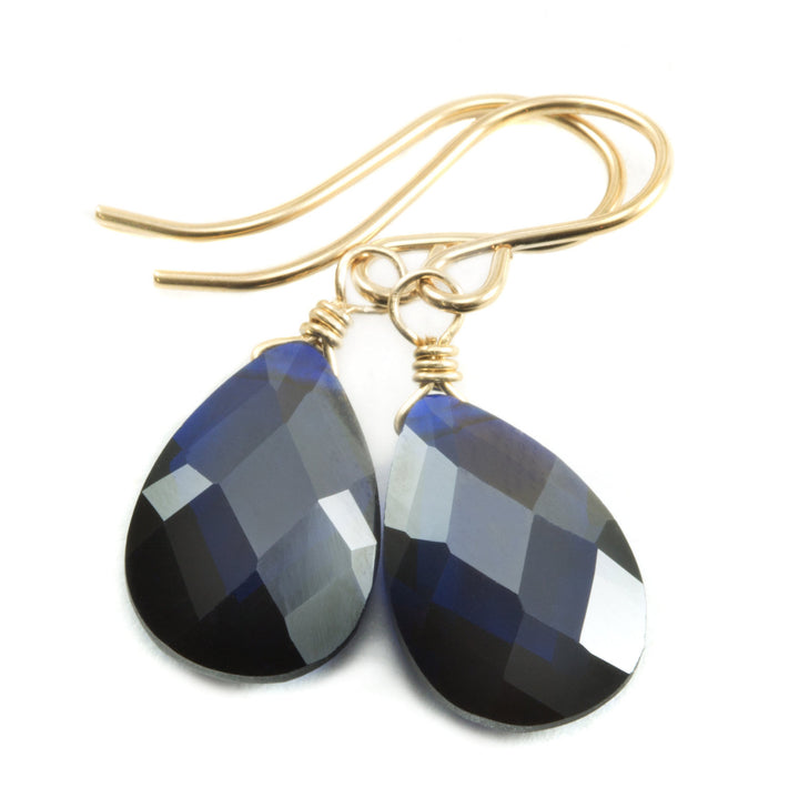 Dark Sapphire Blue Cubic Zirconia Earrings Pear Shaped Faceted Teardrop Briolette AAA CZ Sterling Silver or 14k Solid Gold or Filled Dangles