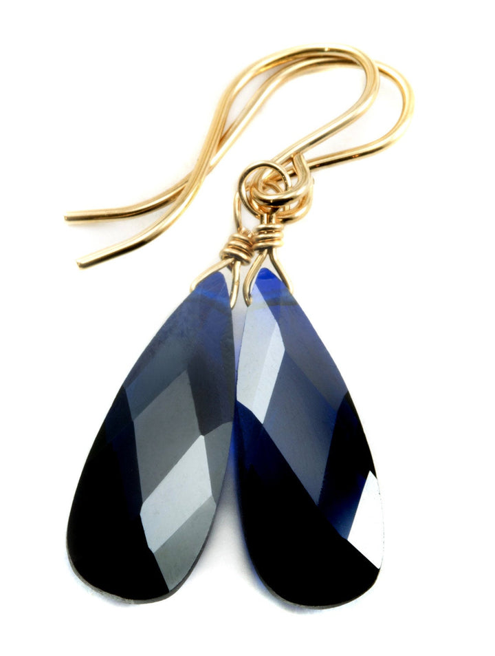 Dark Blue Sapphire Cubic Zirconia Earrings Long Faceted Teardrop Briolette AAA CZ Sterling Silver or 14k Solid Gold or Filled  Simple drops