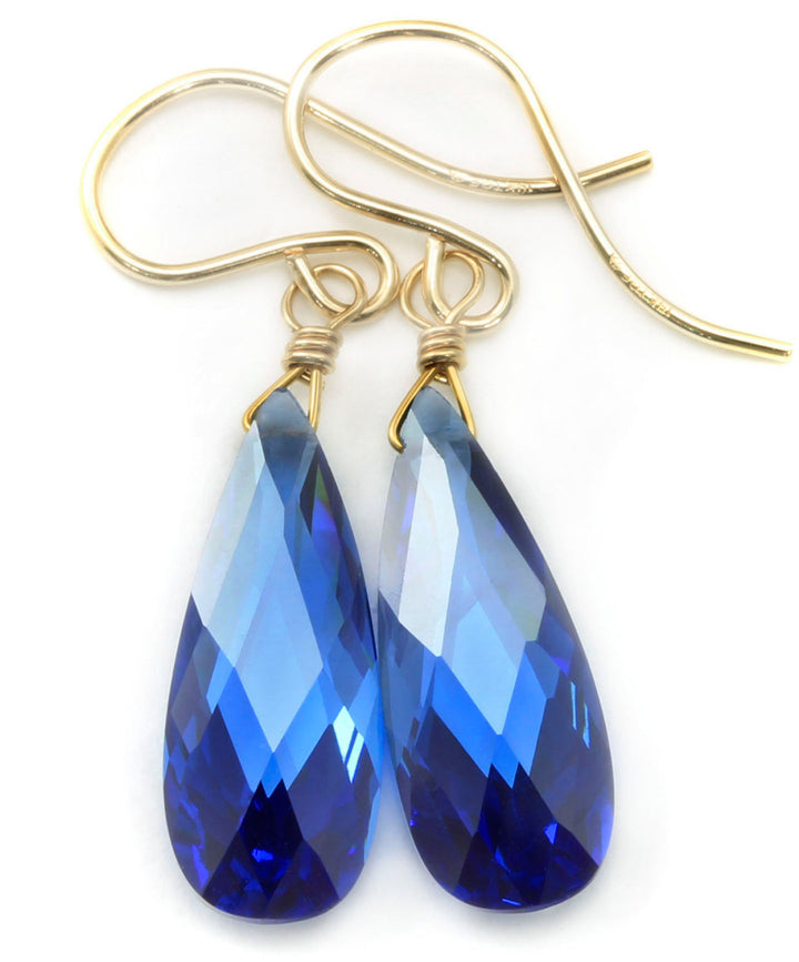 Sapphire Blue Cubic Zirconia Earrings Faceted Long Teardrop AAA CZ  Dangle 14k solid gold or filled or Sterling Silver Deep Royal Blue Drops