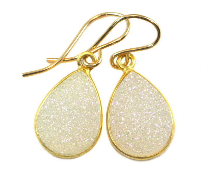 White Drusy Earrings Druzy Teardrop Sterling Silver or 14k yellow solid gold or filled Bezel Simple Drops Fine Druse Quartz Spyglass Designs