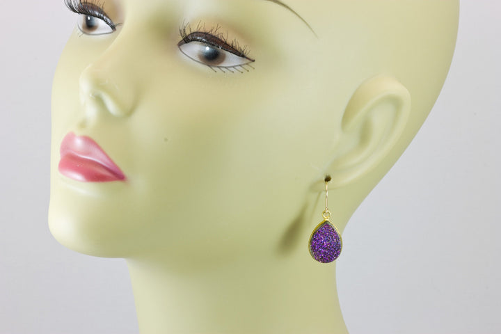 Purple Peacock Drusy Earrings Druzy Teardrop Shape 14k solid gold or filled or sterling silver Large Bezel Simple Drops Fine Drusy Quartz