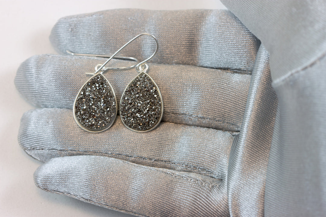 Black Platinum Grey Drusy Earrings Teardrop 14k Solid Gold or Filled or Sterling Silver Bezel Set Simple Drops Druzy Quartz Classic Simple