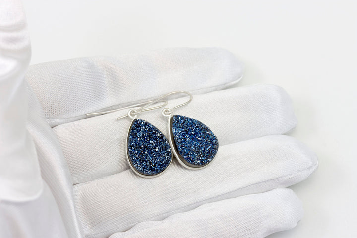 Peacock Blue Drusy Earrings Druzy Teardrops 14k Solid Gold or Filled or Sterling Silver Bezel Set Simple Drops High sparkle large drops