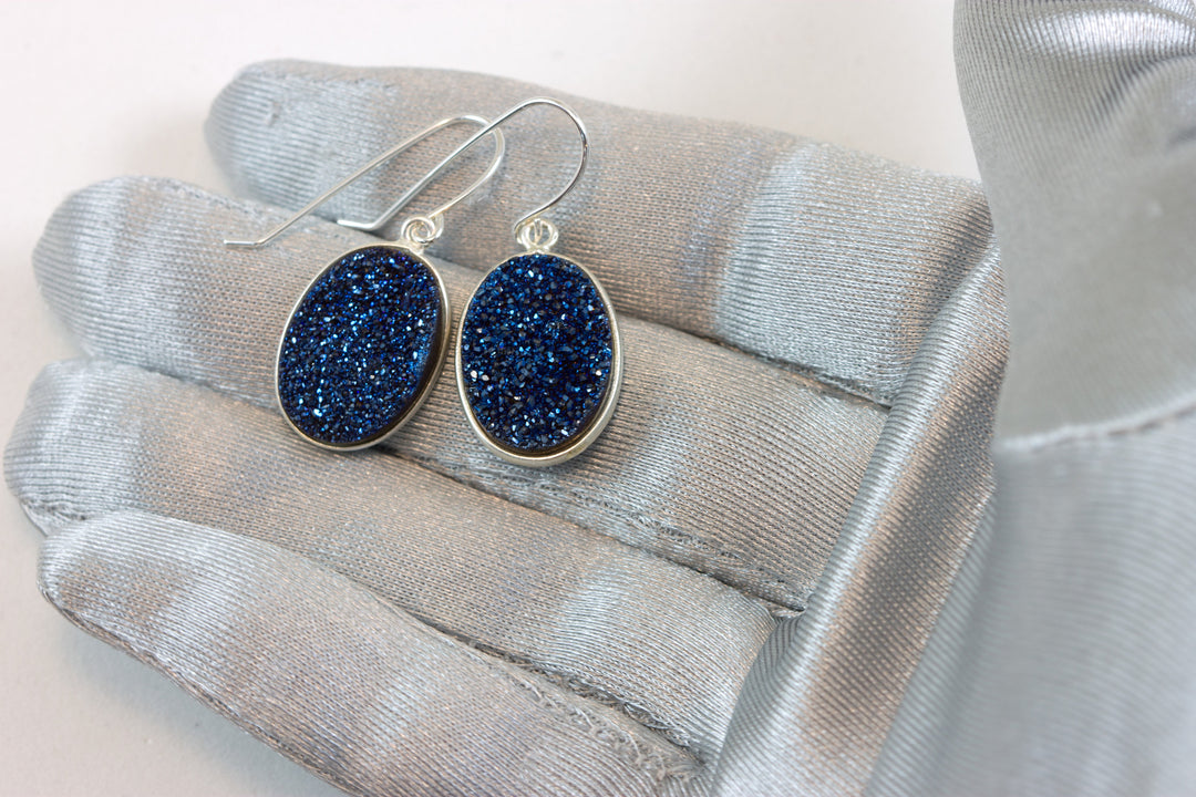 Peacock Blue Drusy Earrings Druzy Large Teardrop Oval 14k solid gold or filled or sterling silver Bezel Set Simple Drops High sparkle drops