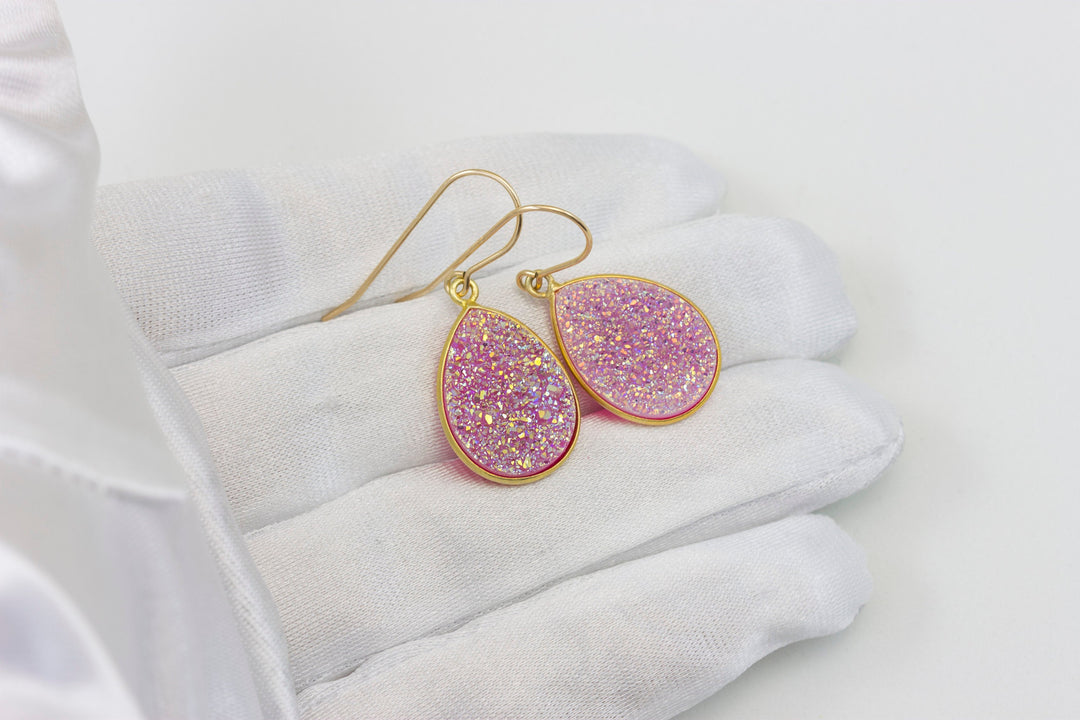 Pink Drusy Earrings Druzy Large Teardrops Sterling Silver or 14k Solid Gold or Filled Bezel Set Simple Drops Fuchsia Pink Daily Sparkly