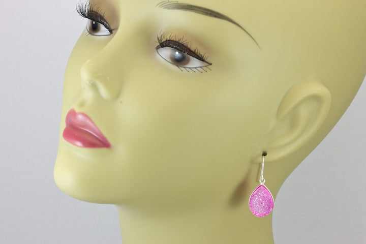 Pink Drusy Earrings Druzy Large Teardrops Sterling Silver or 14k Solid Gold or Filled Bezel Set Simple Drops Fuchsia Pink Daily Sparkly