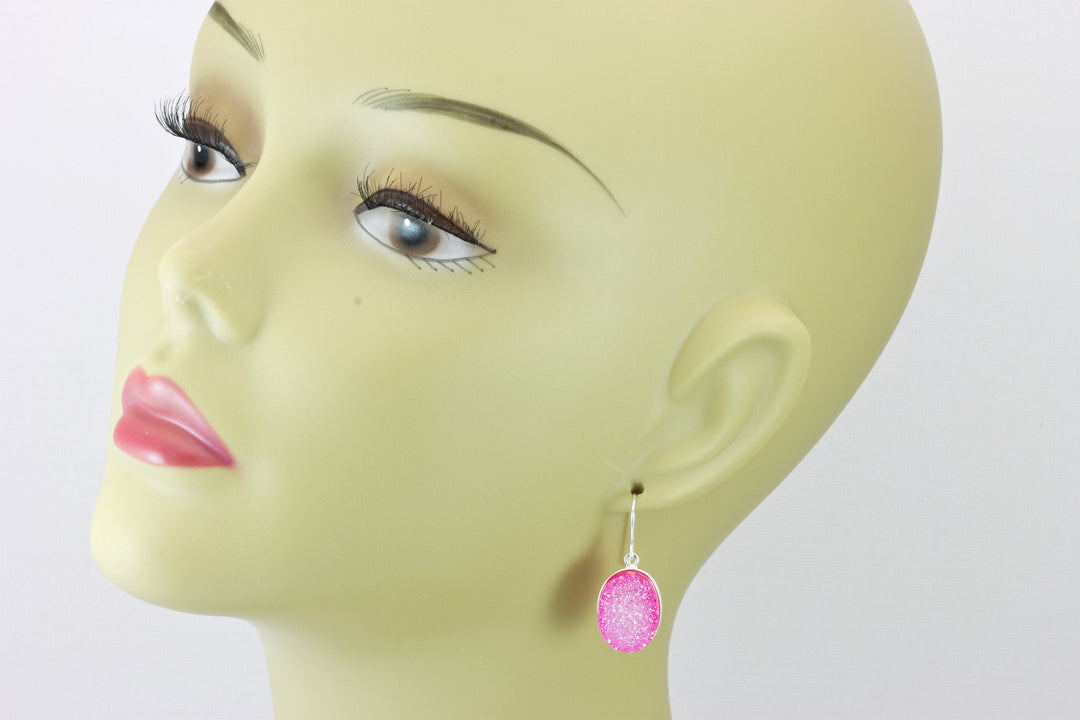 Pink Drusy Earrings Druzy Large Teardrop Oval Sterling Silver or 14k Solid Gold or Filled Bezel Set Simple Drops AAA Fuchsia Simple Drops