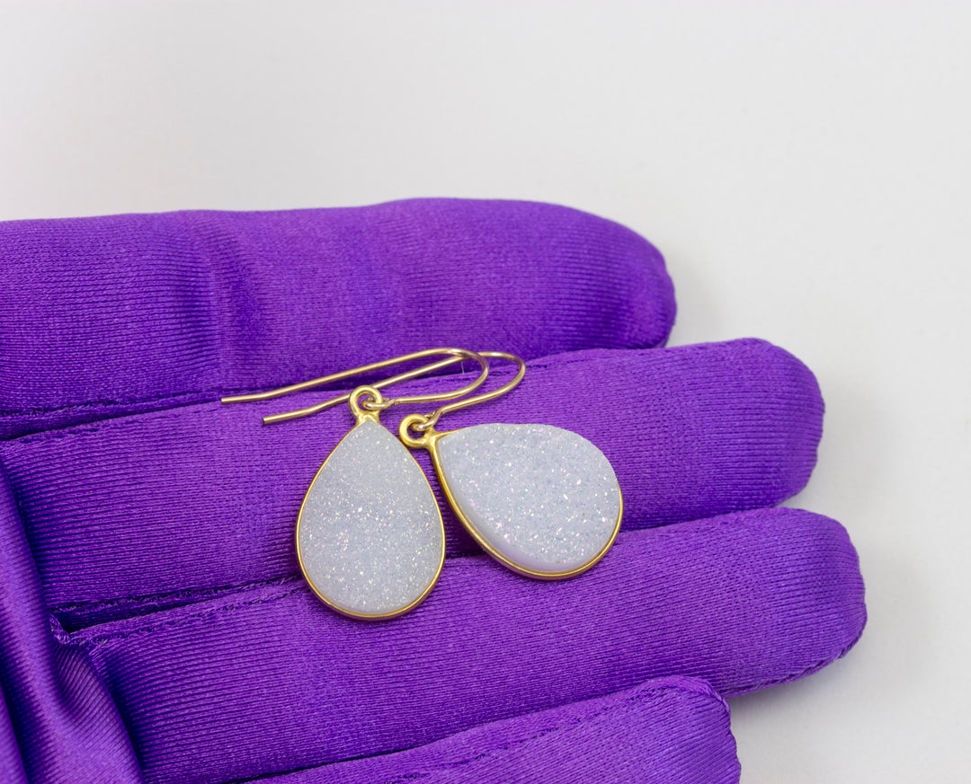 White Drusy Earrings Druzy Teardrop 14k solid gold or filled or sterling silver Large Bezel Simple Drops Fine Druse Quartz Spyglass Designs