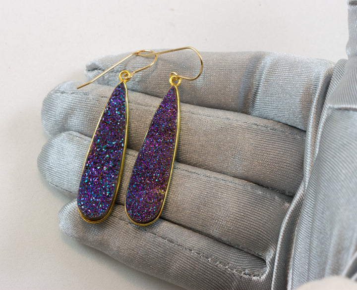 Purple Peacock Drusy Earrings Druzy Long Teardrop 14k Solid Gold or Filled Ear Wires Bezel Simple Drops Fine Quartz Sparkly Natural 2 Inch