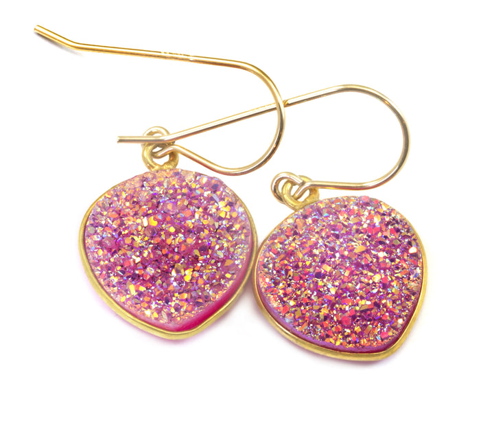 Pink Drusy Earrings Druzy Heart Shaped Sterling Silver or 14k yellow solid gold or filled Bezel Simple Drops Fine Druse Quartz Spyglass