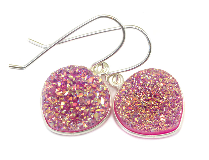Pink Drusy Earrings Druzy Heart Shaped Sterling Silver or 14k yellow solid gold or filled Bezel Simple Drops Fine Druse Quartz Spyglass
