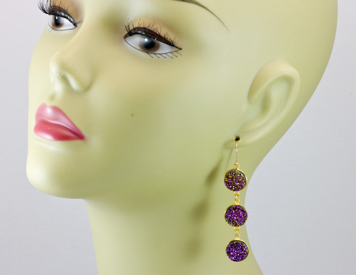 Drusy Earrings Bright Purple Peacock Druzy 14k Solid Gold or Filled French Ear Wires 2.5 inch Long Triple Hung Round Bezel Quartz Drops