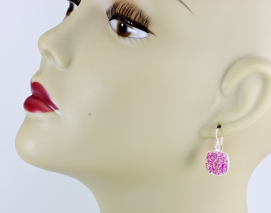 Pink Drusy Earrings Druzy Square Shaped Sterling Silver or 14k yellow solid gold or filled Bezel Simple Drops Fine Druse Quartz Spyglass