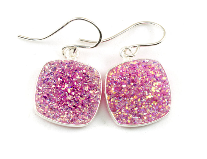Pink Drusy Earrings Druzy Square Shaped Sterling Silver or 14k yellow solid gold or filled Bezel Simple Drops Fine Druse Quartz Spyglass