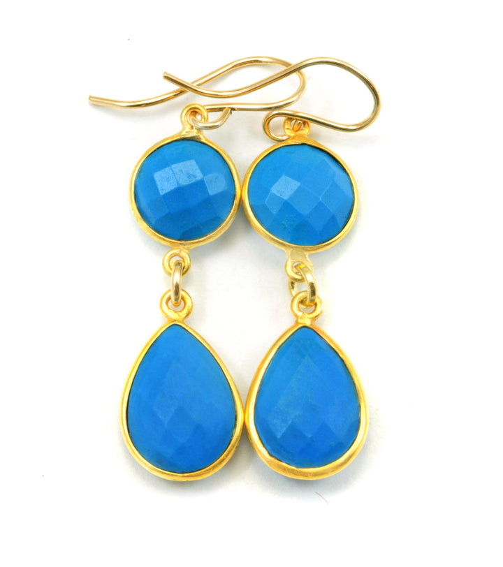 Turquoise Earrings Deep Blue Teardrops Faceted Dangle Drops Double Hung Bezel Setting 14k Solid Yellow Gold or 14k Gold Filled Simple Drops