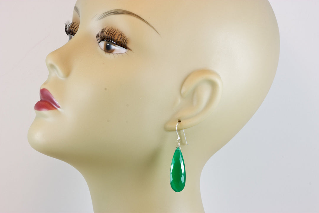 Green Onyx Earrings Faceted Long AAA Drop Dangle Large Teardrop Sterling Silver or 14k Gold Filled Rich Emerald Green Color Drops 2 Inch