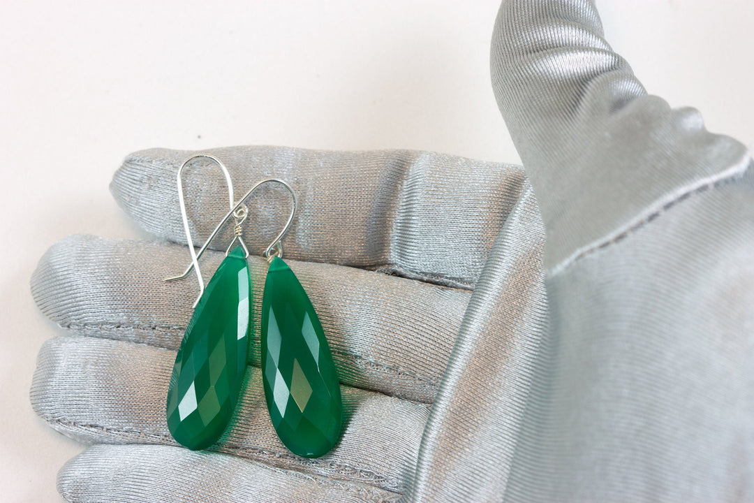 Green Onyx Earrings Faceted Long AAA Drop Dangle Large Teardrop Sterling Silver or 14k Gold Filled Rich Emerald Green Color Drops 2 Inch