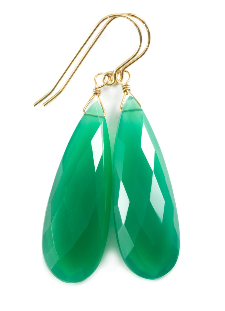 Green Onyx Earrings Faceted Long AAA Drop Dangle Large Teardrop Sterling Silver or 14k Gold Filled Rich Emerald Green Color Drops 2 Inch