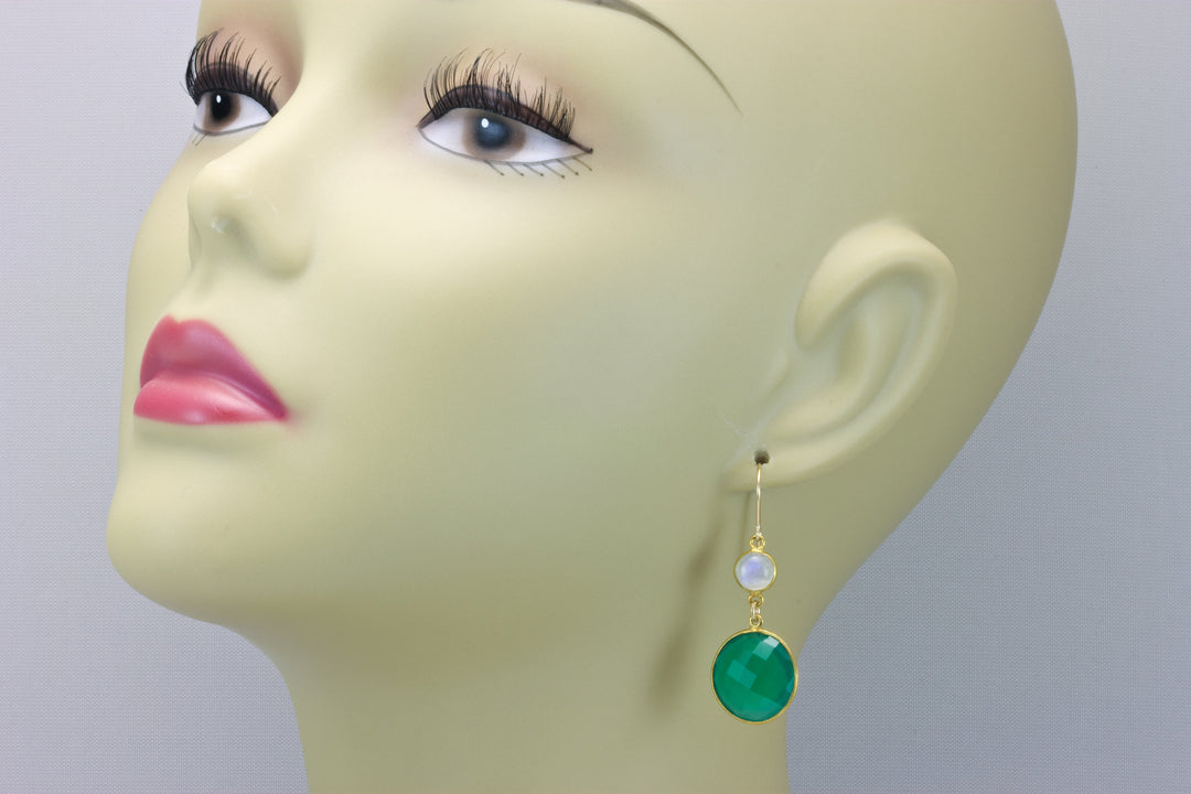 Green Onyx Earrings Bezel Set Faceted Teardrop Rainbow Moonstones 14k Solid Yellow Gold or Filled French Earwire Rich Green Drops Classic