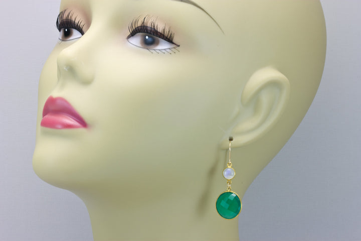 Green Onyx Earrings Bezel Set Faceted Teardrop Rainbow Moonstones 14k Solid Yellow Gold or Filled French Earwire Rich Green Drops Classic