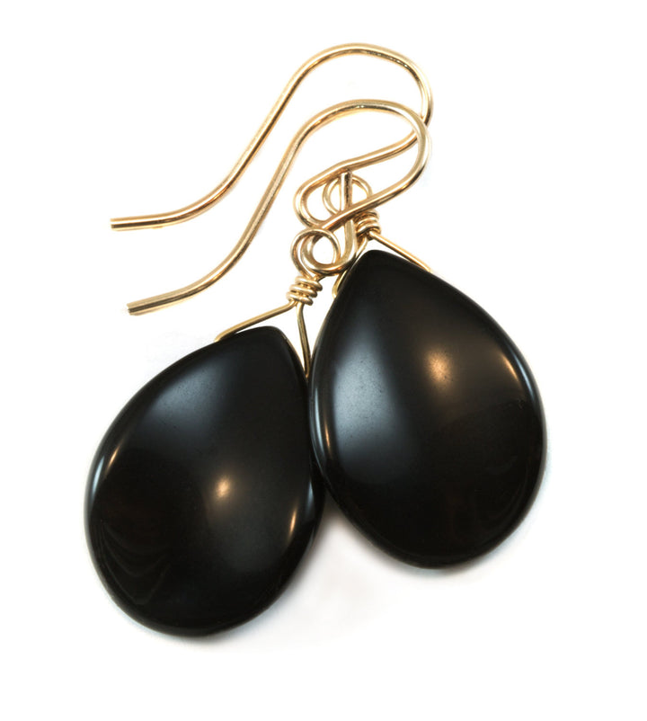 Black Onyx Earrings Sterling Silver or 14k Solid Gold or Filled Smooth Curved Teardrop Dangle Simple Design Special Cut Petal Shaped Drops
