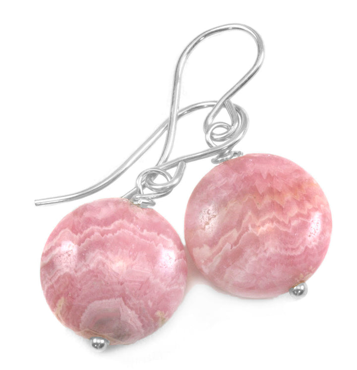 Pink Rhodochrosite Earrings Smooth Natural Round Button Dainty Sterling Silver or 14k Solid Gold or Filled Natural Earthy Pink Simple Drop
