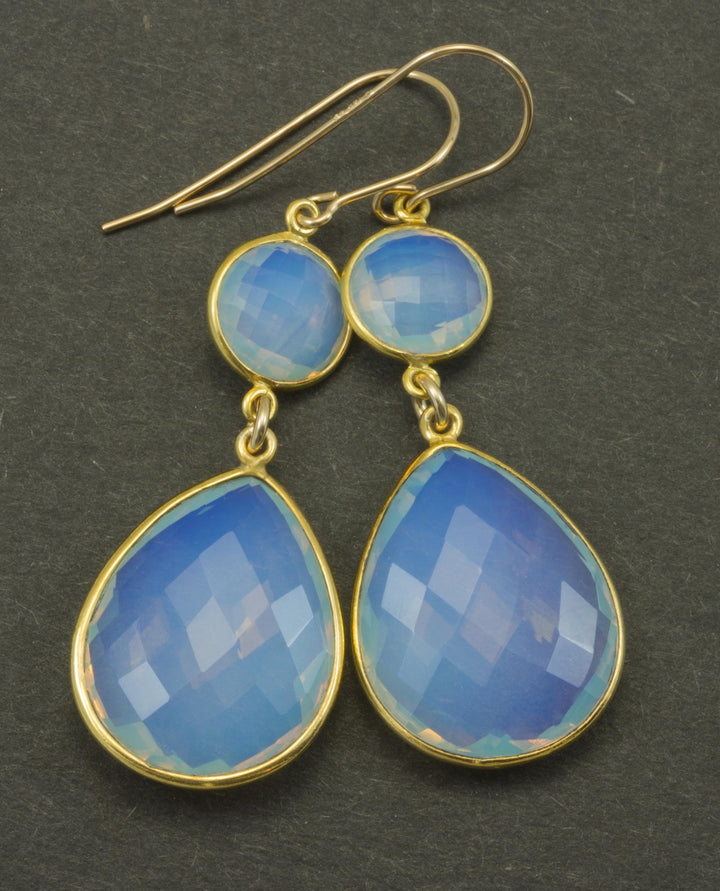 Opalite Earrings Faceted  Large Teardrops 14k Solid Gold or Filled iridescent colors simple Double Bezel Setting Fat 2 Inch Drops