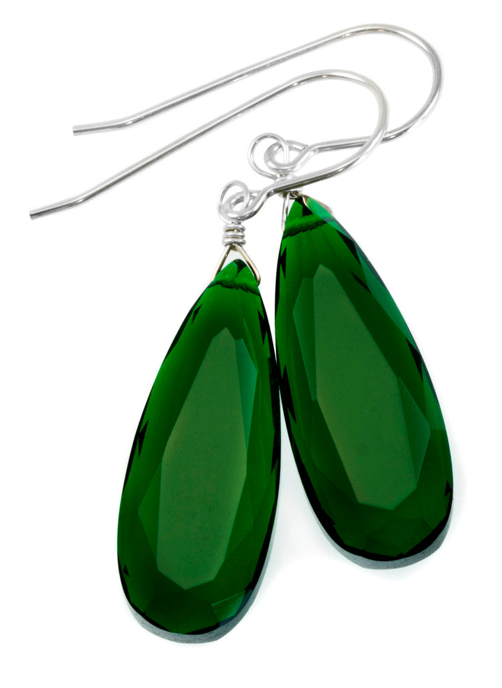 Emerald Green Earrings Faceted Long Simulated Emerald Teardrop Drop Dangle Sterling Silver or 14k Solid Gold or Filled Simple Classic 1.6 In