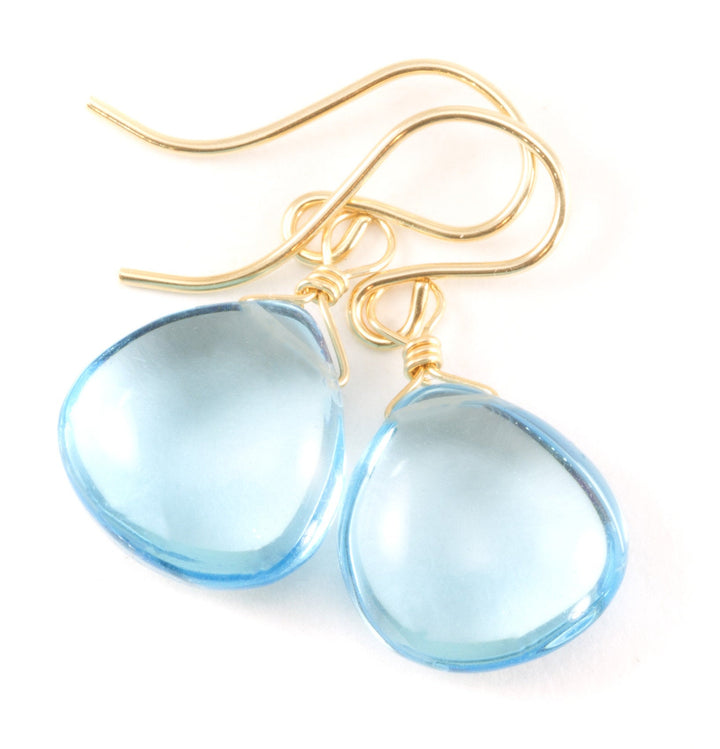 Swiss Blue Earrings Smooth Simulated Topaz Baby Blue Drops 14k Solid Gold or Filled or Sterling Silver Heart Simple Dainty Dangle Drop