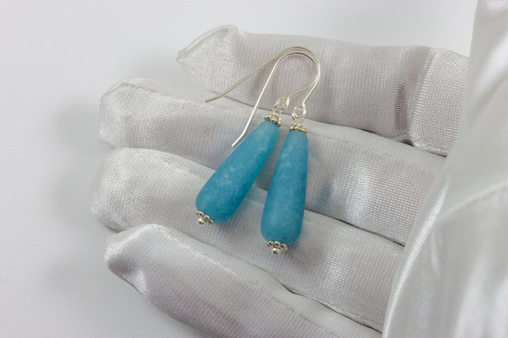 Quartzite Earrings Steel Blue Polished Matte Finish Smooth Long Teardrop Beaded 14k solid gold or filled or sterling silver Drop Dangle