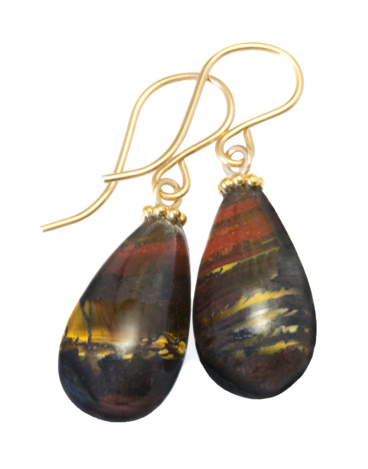 Tiger's Iron Eye Earrings Red Jasper Smooth Fat Simple Teardrop dangle Sterling Silver or 14k Solid Gold or Filled Real Natural Simple Drops