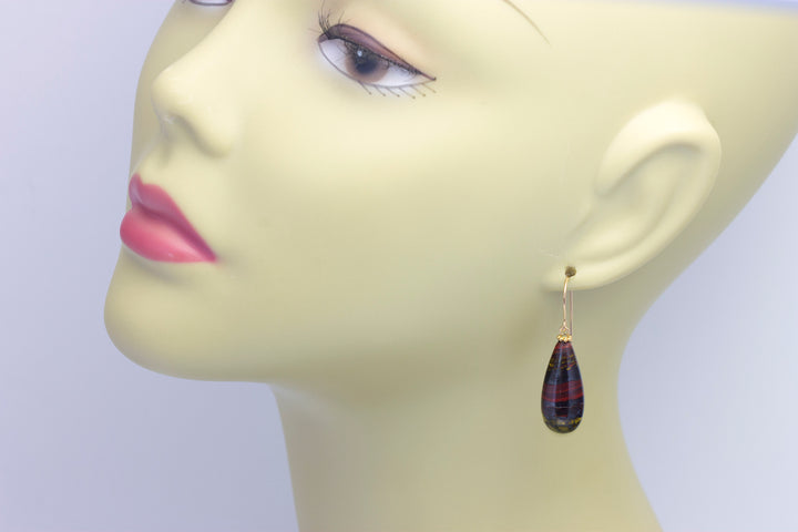 Tiger's Iron Eye Earrings Smooth Long Large Teardrop dangle drop Sterling Silver or 14k Solid Gold or Filled Natural Rounded Fat Drops