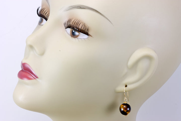 Tiger's Eye Earrings Smooth Round Drops Red or Golden Sterling Silver or 14k Solid Gold or  Filled Striped Natural Simple Spyglass Designs