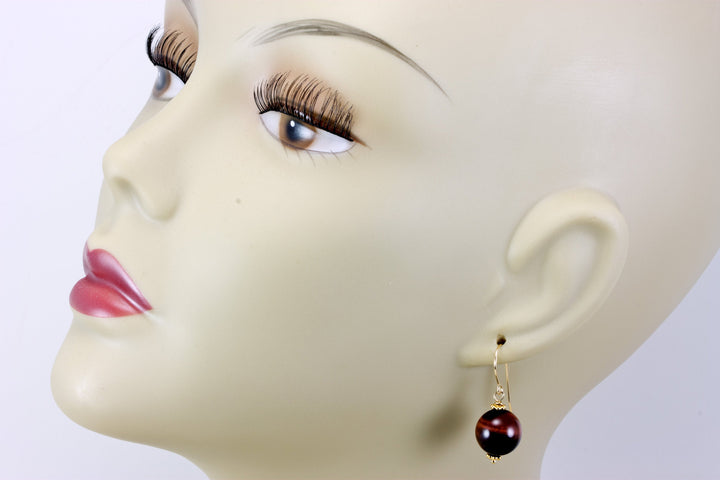 Red JasperTiger's Eye Earrings Smooth Round Drops Dangle Sterling Silver or 14k Solid Gold or Filled Striped Natural Simple Spyglass Designs