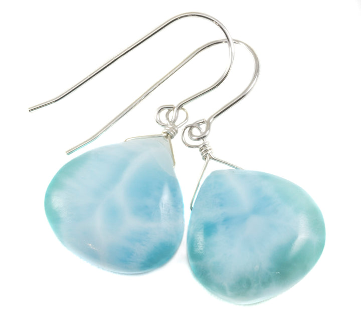 Blue Larimar Earrings Natural Heart Polished Smooth Simple  Drop Sterling Silver Spyglass Designs Baby Soft Blue Unique Contemporary Cut