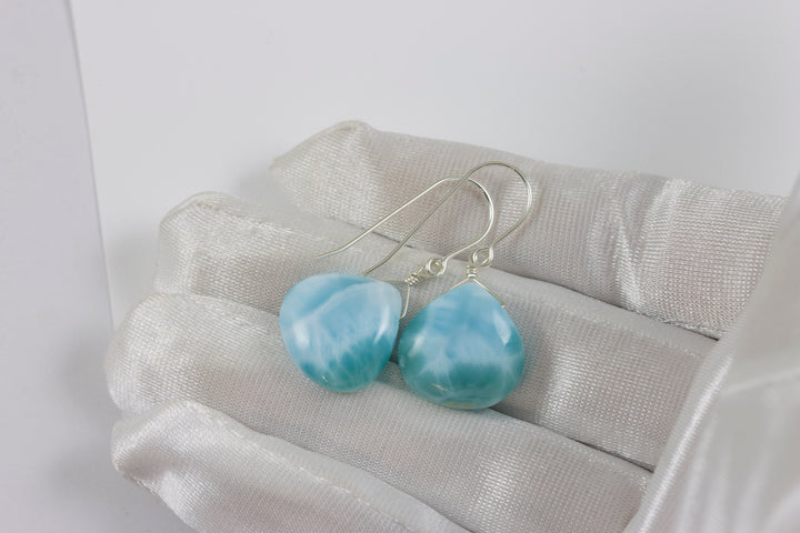 Blue Larimar Earrings Natural Heart Polished Smooth Simple  Drop Sterling Silver Spyglass Designs Baby Soft Blue Unique Contemporary Cut