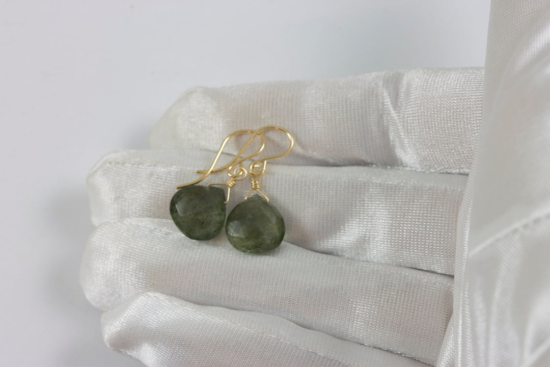 Moss Aquamarine Earrings Natural Faceted 14k Solid Gold or Filled or Sterling Silver Heart Briolettes Dangle Drops Spyglass Designs