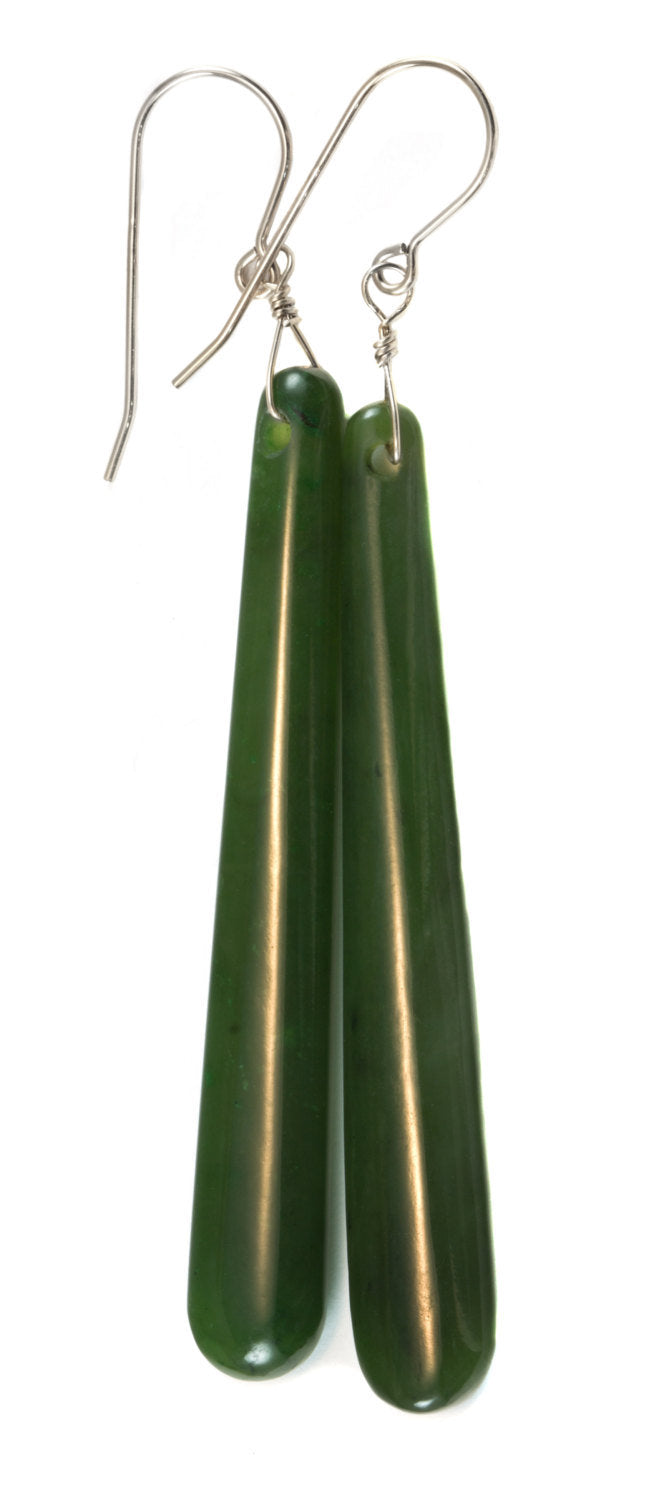 Green Jade Earrings Natural Nephrite Skinny Narrow Long Teardrop 14k solid gold or filled or Sterling Silver 3 Inch Special Cut Earthy Green