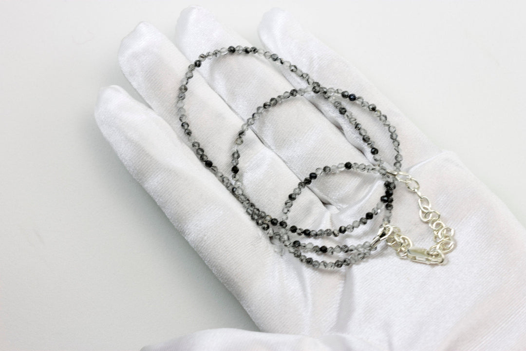 Rutile Tourmalated Quartz Necklace Natural Black Solid Strand Dainty Small Sterling Silver 14k Gold Filled Micro Faceted 19 20 Inches Simple