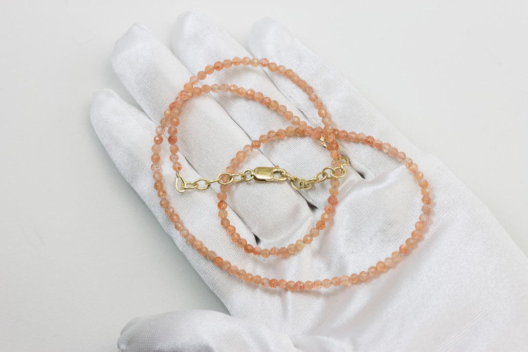 Sunstone Necklace Natural Shimmery Peach Solid Strand Dainty Small Sterling Silver 14k Gold Filled Micro Faceted 19 20 Inches Simple