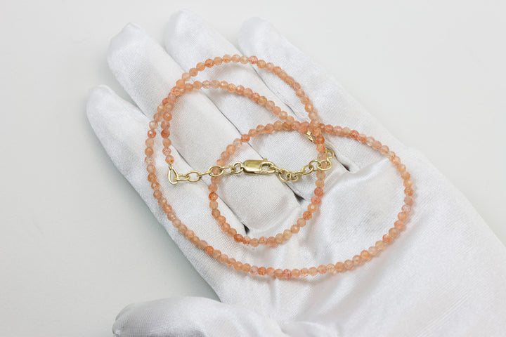 Sunstone Necklace Natural Shimmery Peach Solid Strand Dainty Small Sterling Silver 14k Gold Filled Micro Faceted 19 20 Inches Simple