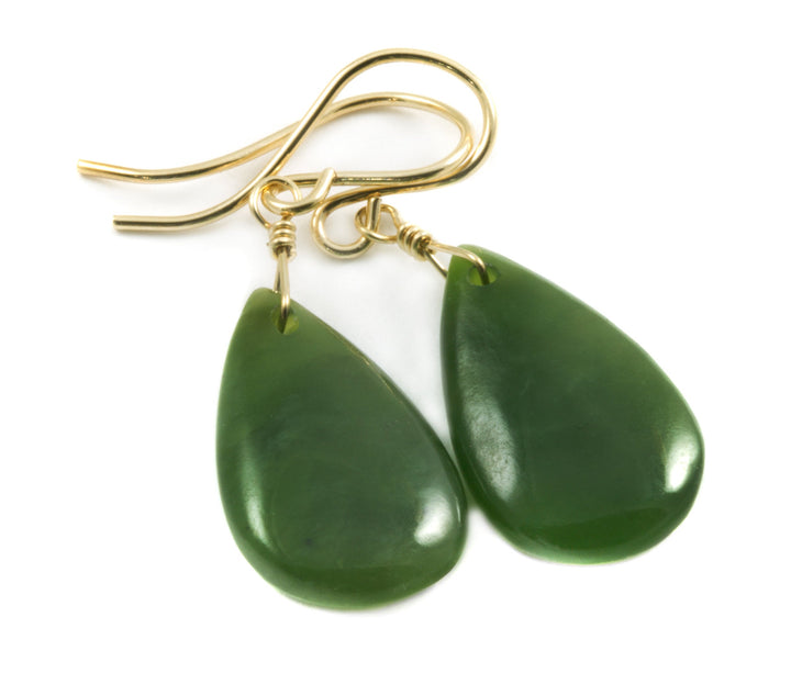 Jade Earrings Natural Green Nephrite Simple Teardrop Smooth Sterling Silver or 14k Solid Gold or Filled Simple Dainty Lightweight Drops